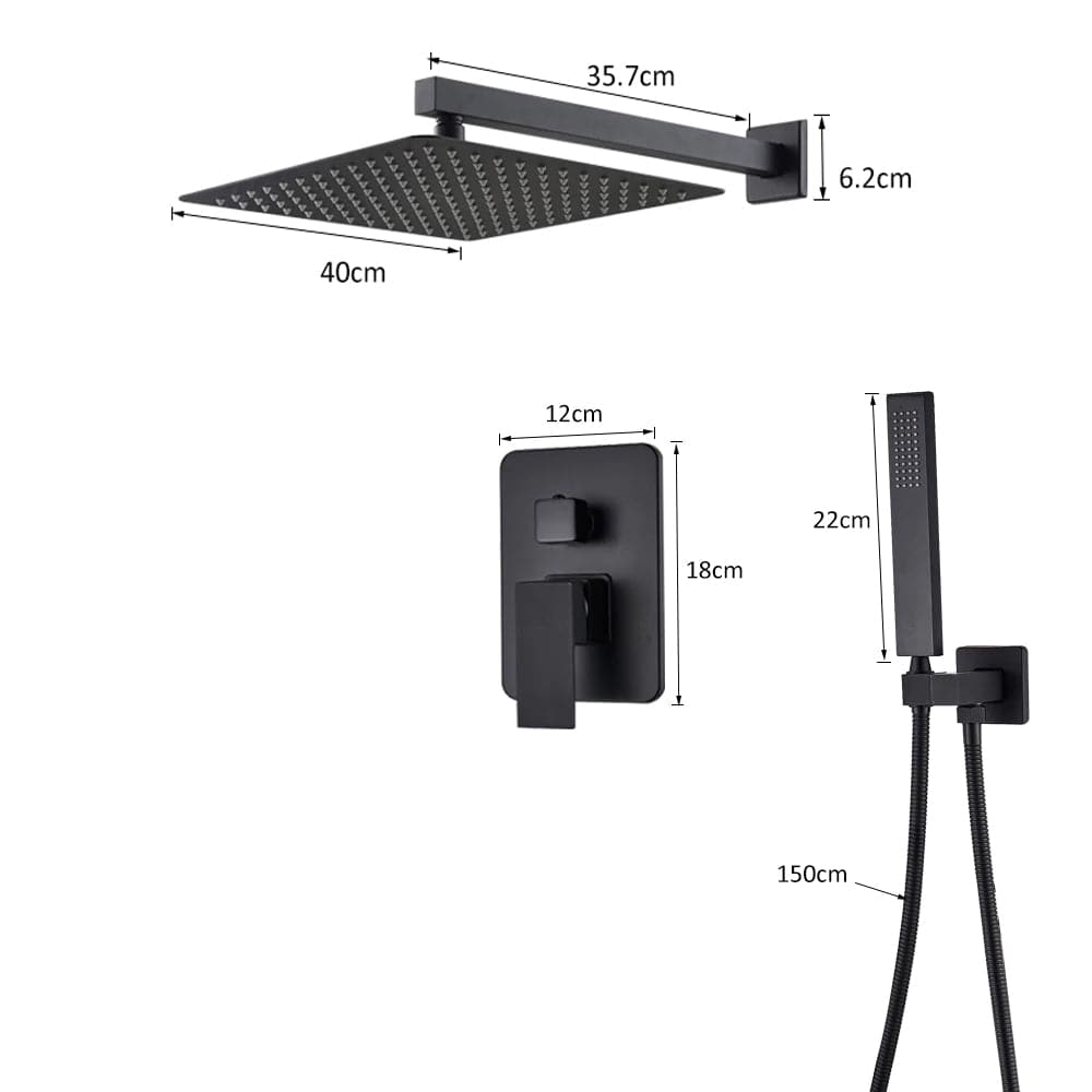 Set de dus cu para patrata de 40 cm, negru mat, cu 2 functii de curgere a apei
