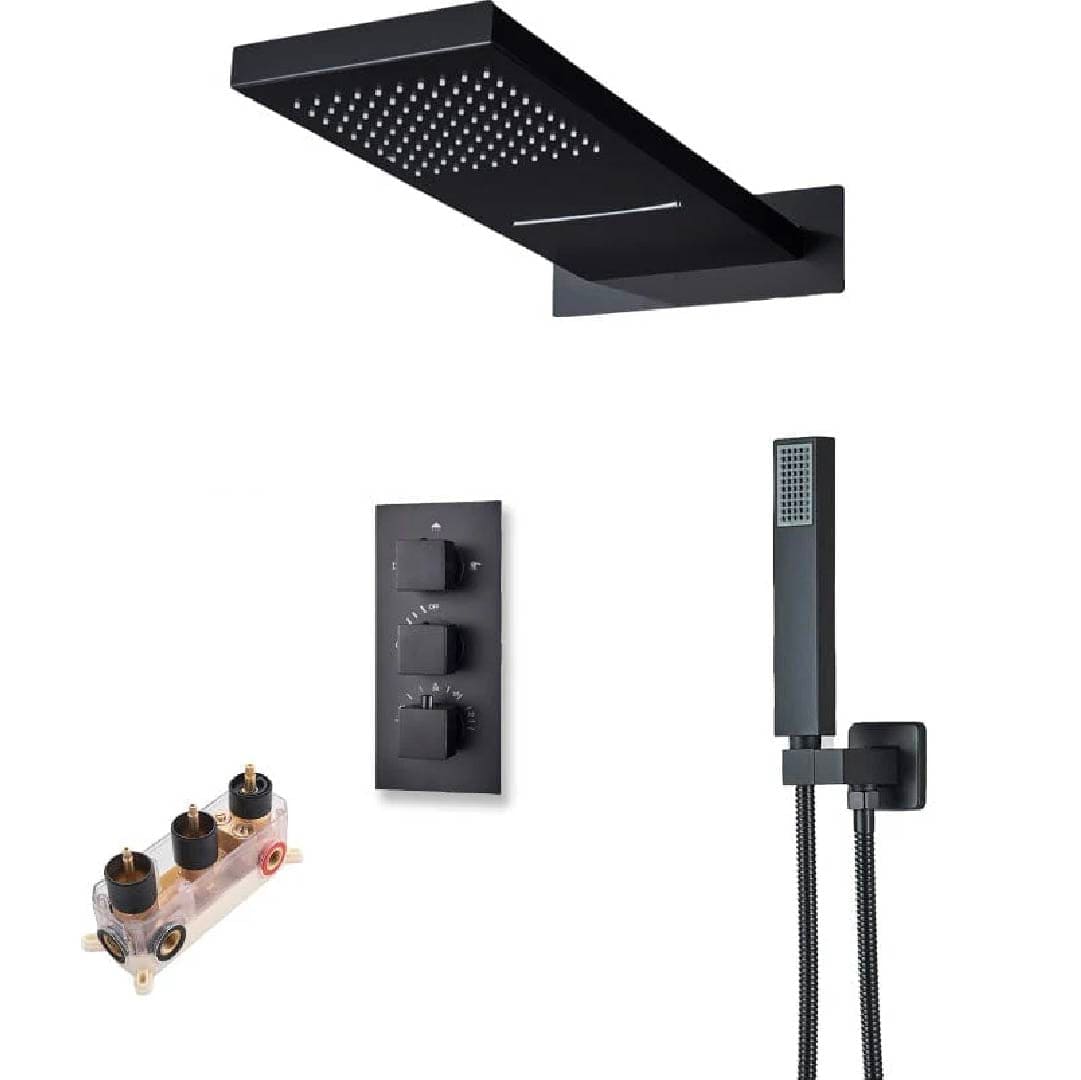 Set de dus cu para tip cascada cu termostat, negru mat, cu 3 functii de curgere a apei