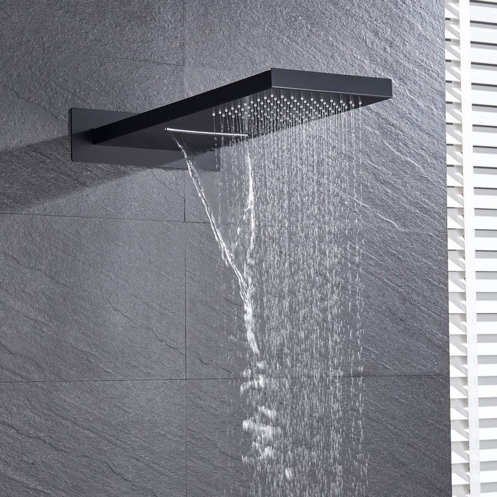 Set de dus cu para tip cascada cu termostat, negru mat, cu 3 functii de curgere a apei