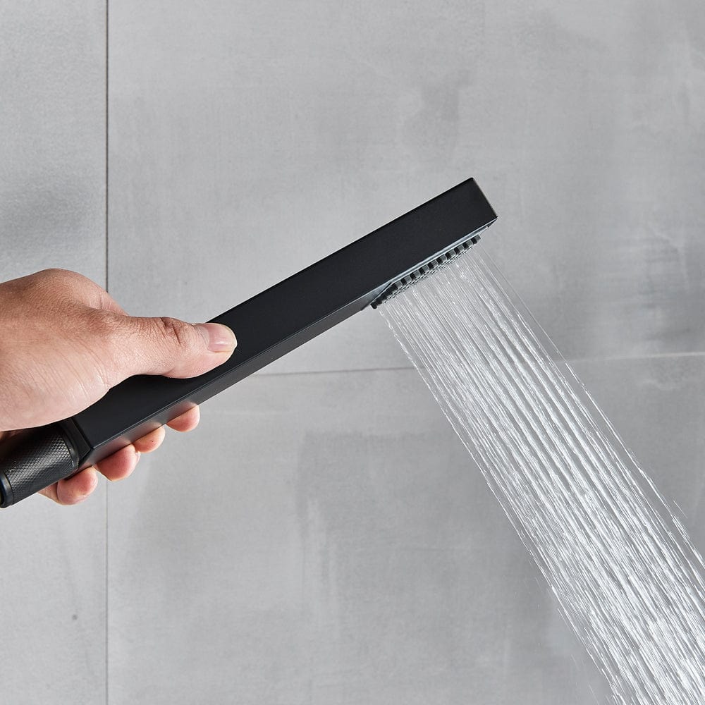 Set de dus cu para tip cascada cu termostat, negru mat, cu 3 functii de curgere a apei