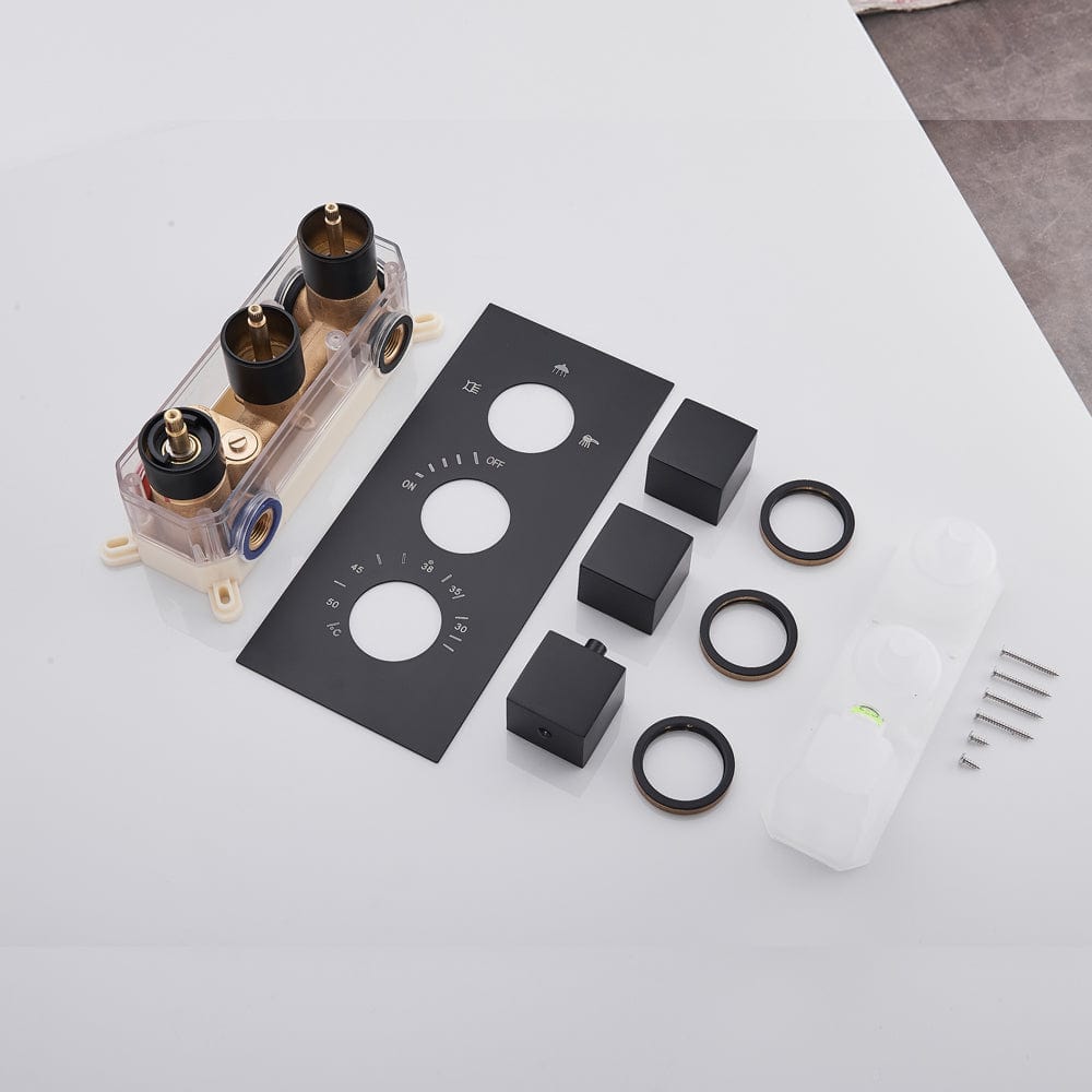 Set de dus cu para tip cascada cu termostat, negru mat, cu 3 functii de curgere a apei