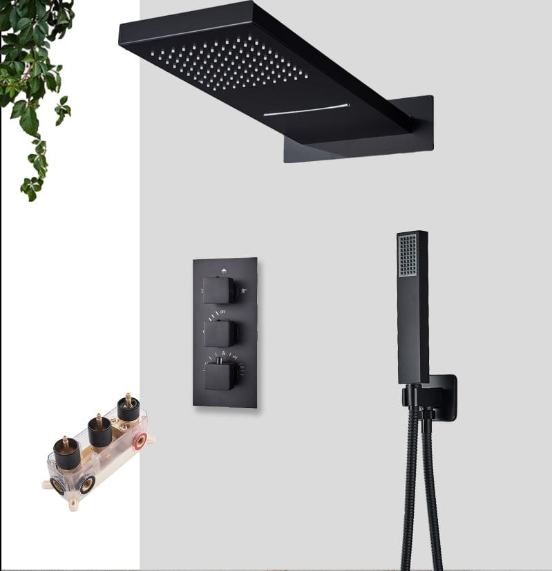 Set de dus cu para tip cascada cu termostat, negru mat, cu 3 functii de curgere a apei
