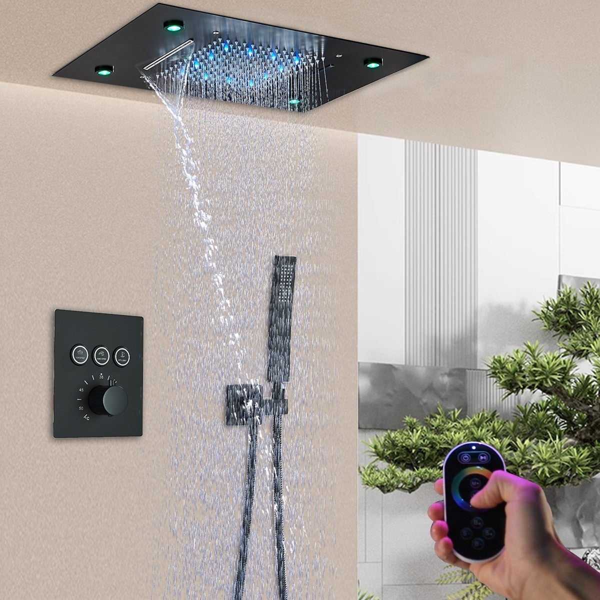 Set de dus incastrabil in tavan, cu para patrata, lumini si termostat, 3 functii de curgere a apei