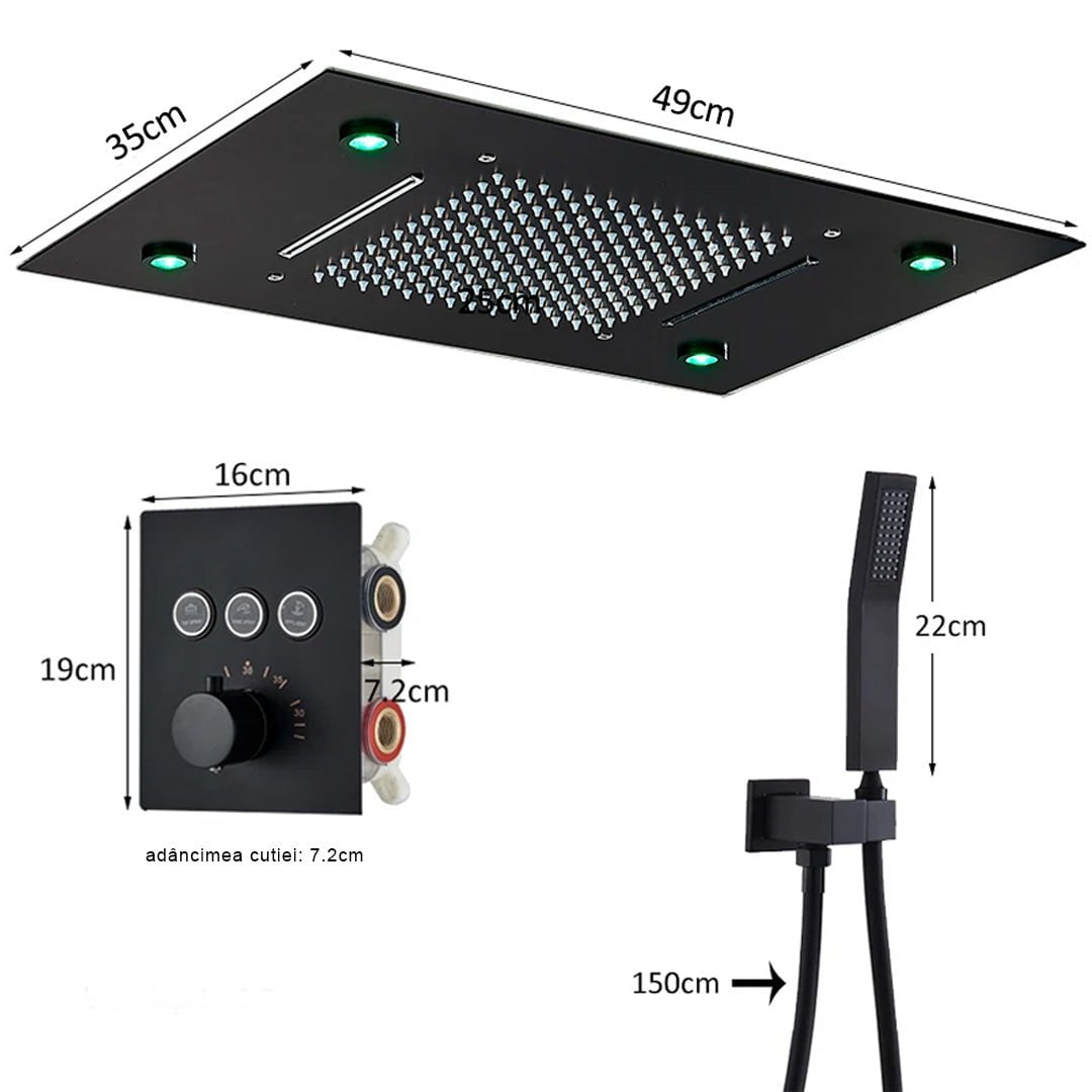 Set de dus incastrabil in tavan, cu para patrata, lumini si termostat, 3 functii de curgere a apei