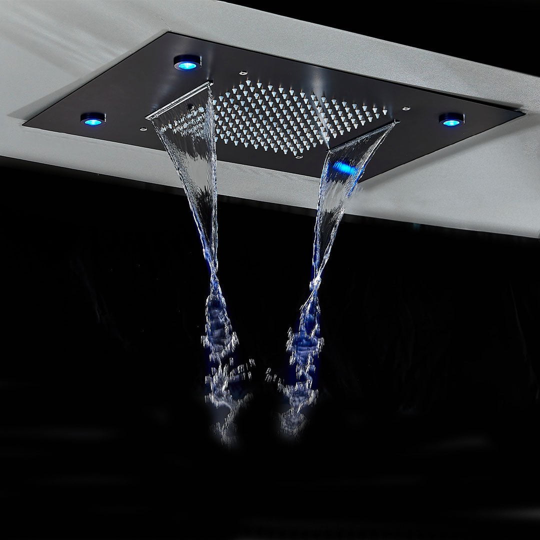 Set de dus incastrabil in tavan, cu para patrata, lumini si termostat, 3 functii de curgere a apei