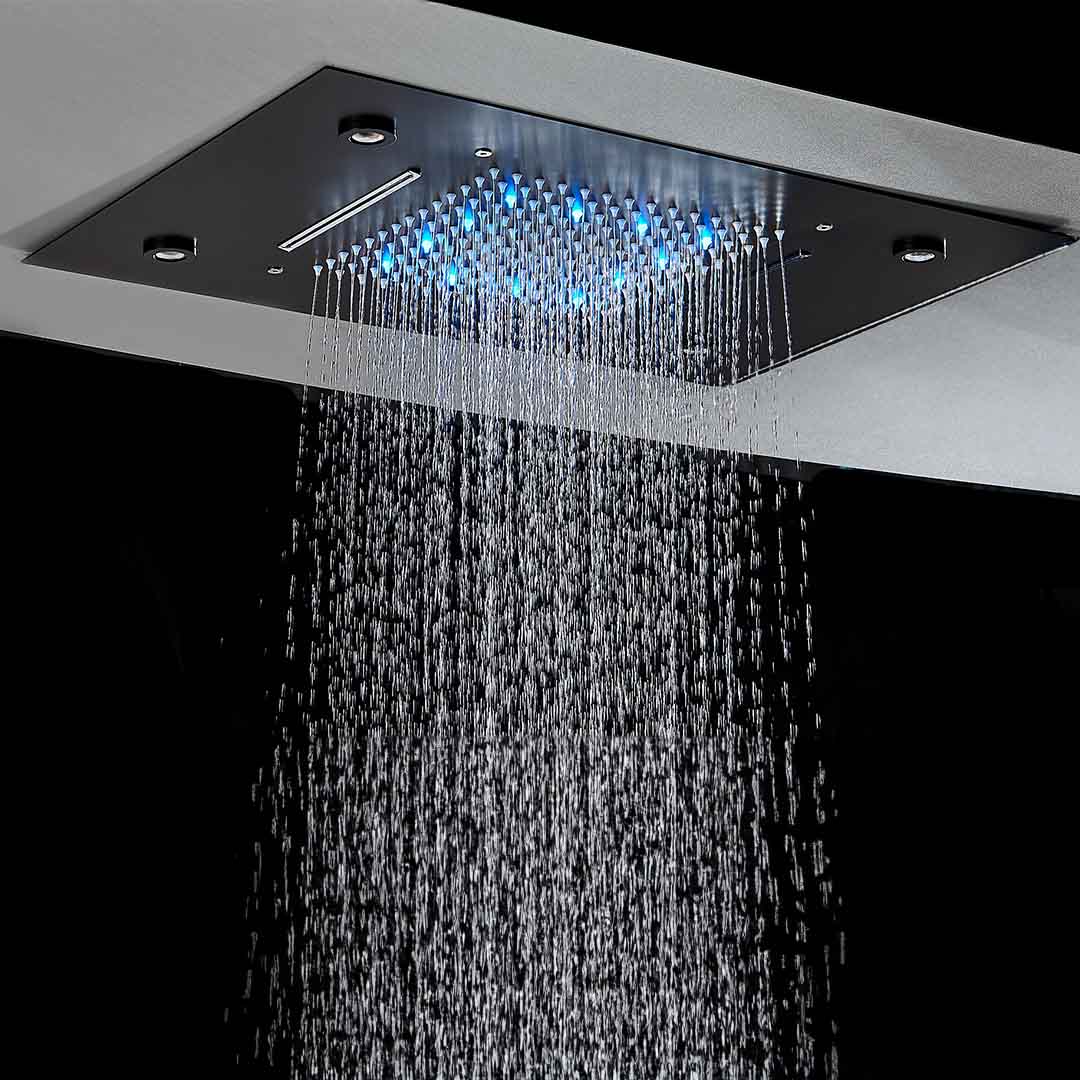 Set de dus incastrabil in tavan, cu para patrata, lumini si termostat, 3 functii de curgere a apei