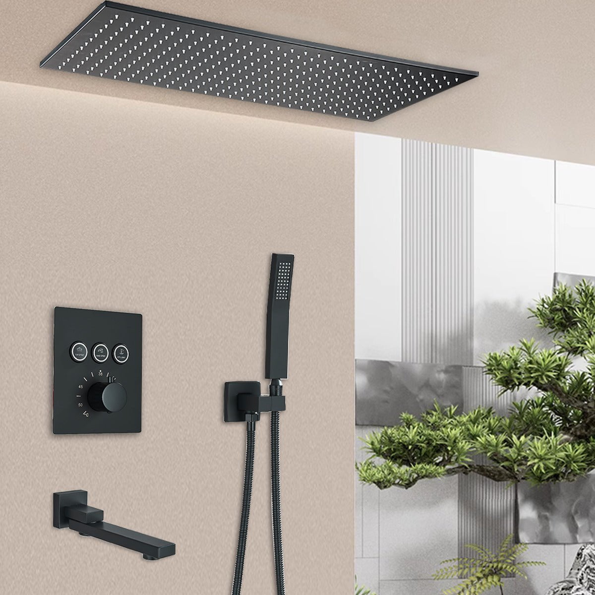 Set de dus incastrabil in tavan, cu para patrata, termostat, 3 functii de curgere a apei