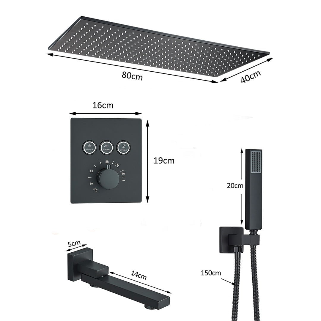 Set de dus incastrabil in tavan, cu para patrata, termostat, 3 functii de curgere a apei