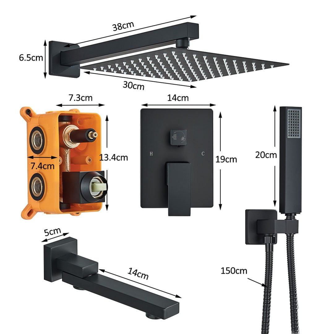 Set de dus incastrat, para de 30 cm, 3 functii, negru mat
