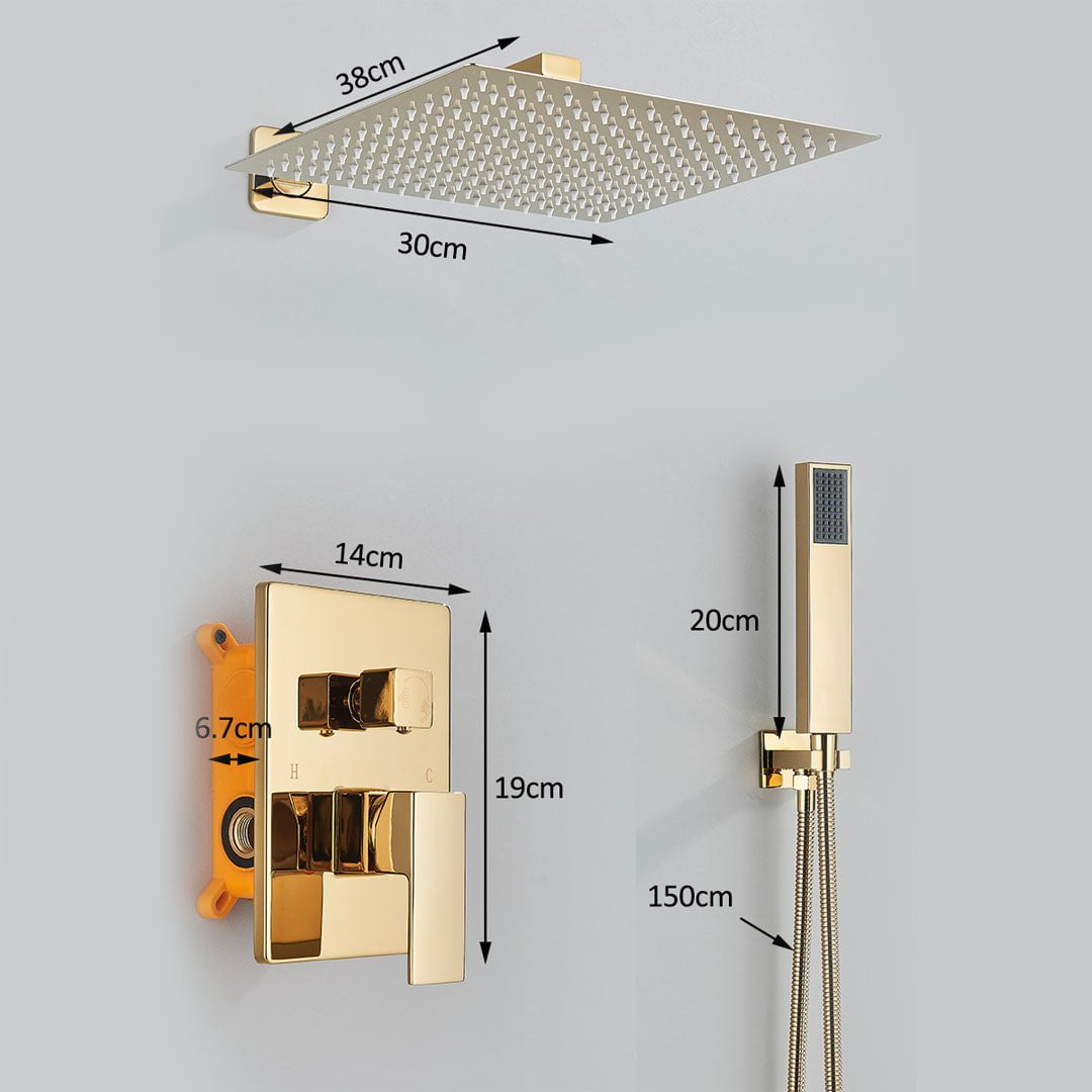 Set de dus incastrat tip ploaie, para 30 cm, cu 2 functii de curgere, auriu lucios