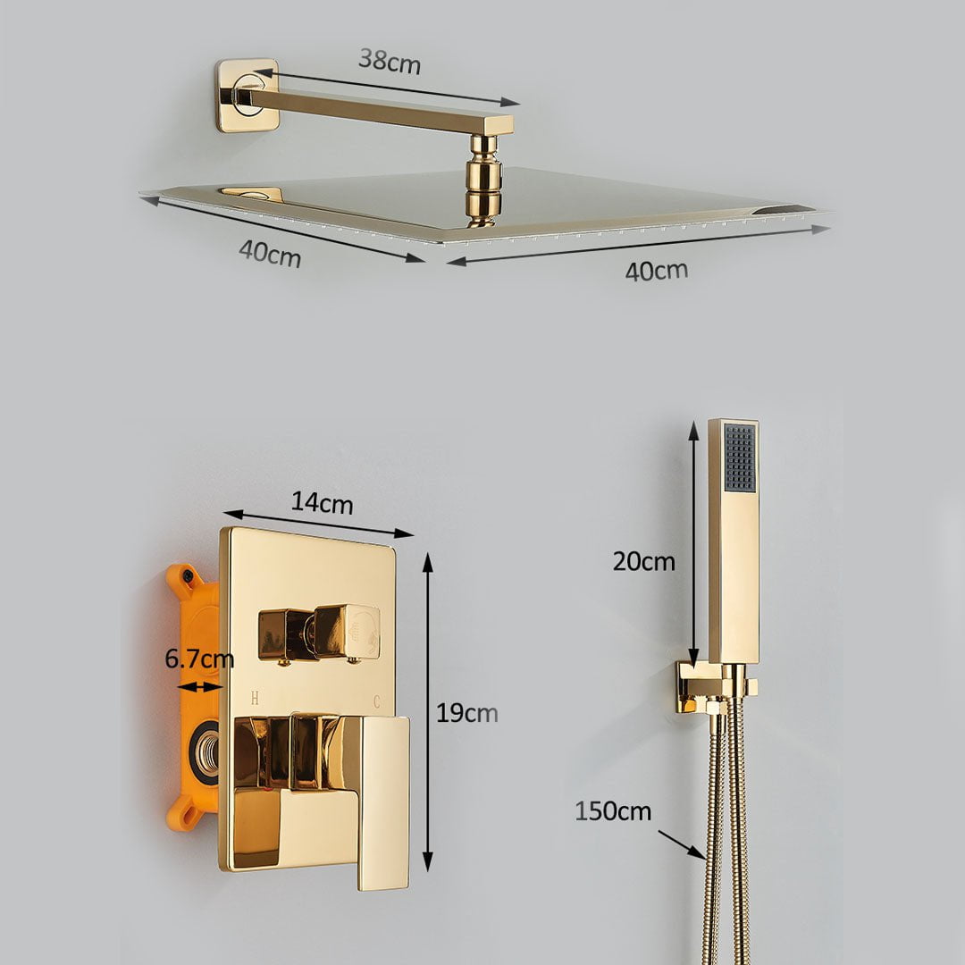Set de dus incastrat tip ploaie, para 40 cm, cu 2 functii de curgere, auriu lucios