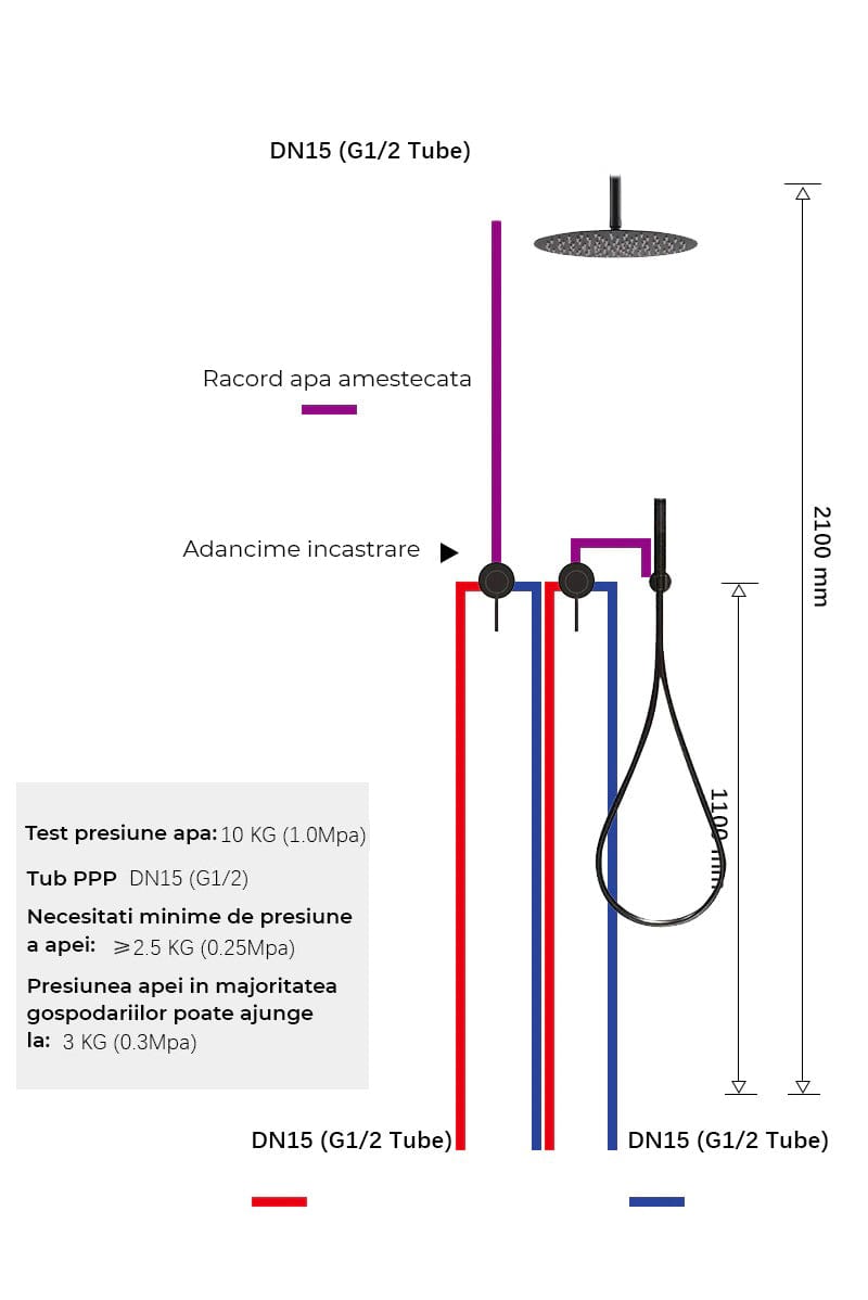 Set de dus negru cu montaj in tavan, para rotunda tip ploaie 30 cm