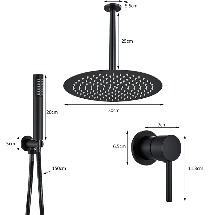 Set de dus negru cu montaj in tavan, para rotunda tip ploaie 30 cm
