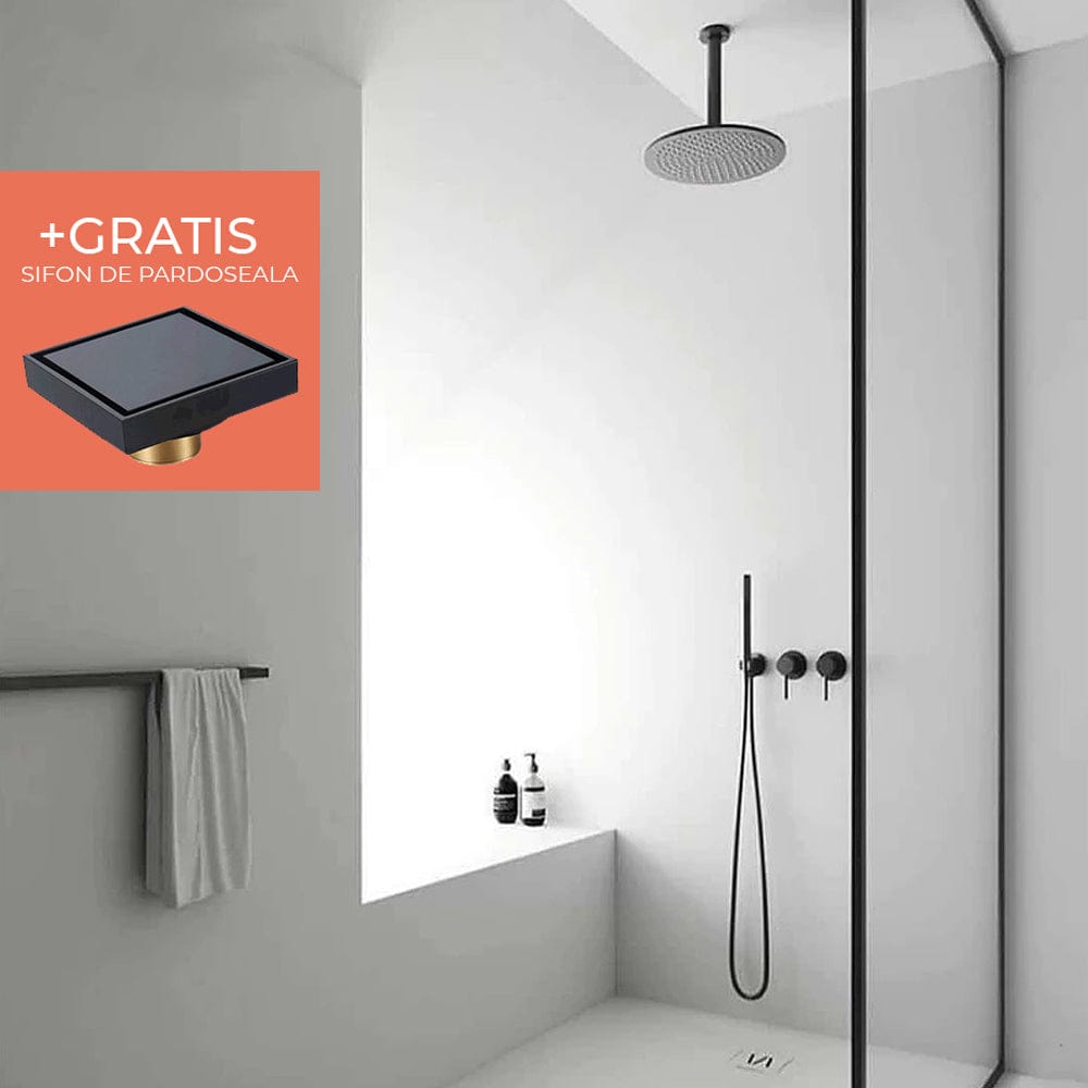 Set de dus negru cu montaj in tavan, para rotunda tip ploaie 30 cm