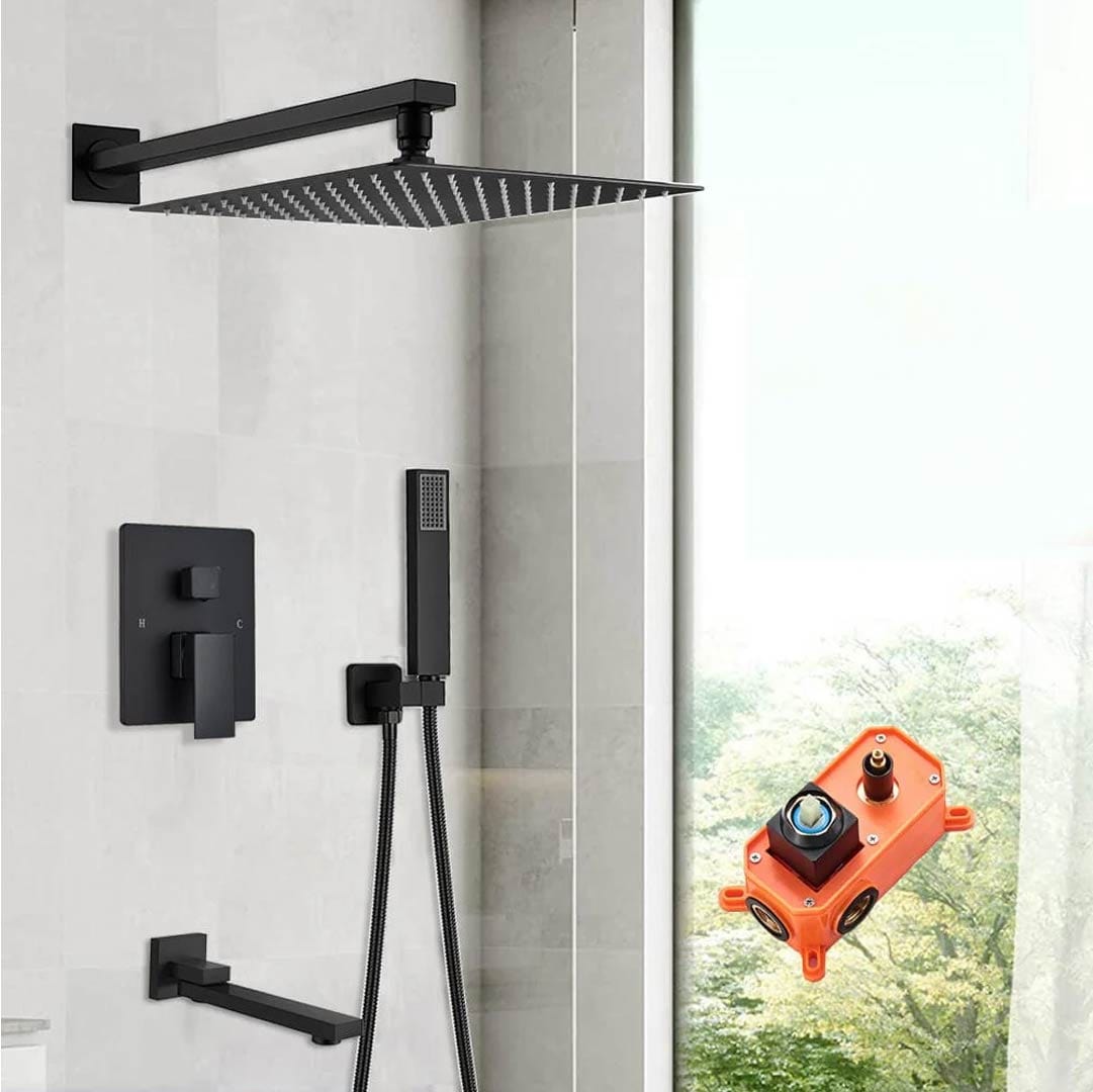 Set de dus negru cu para patrata 25 cm, negru mat, 3 functii de curgere a apei