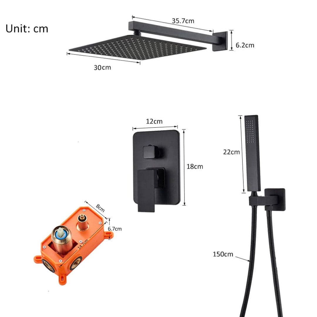 Set de dus negru cu para patrata 30 cm latura, cu 2 functii de curgere a apei