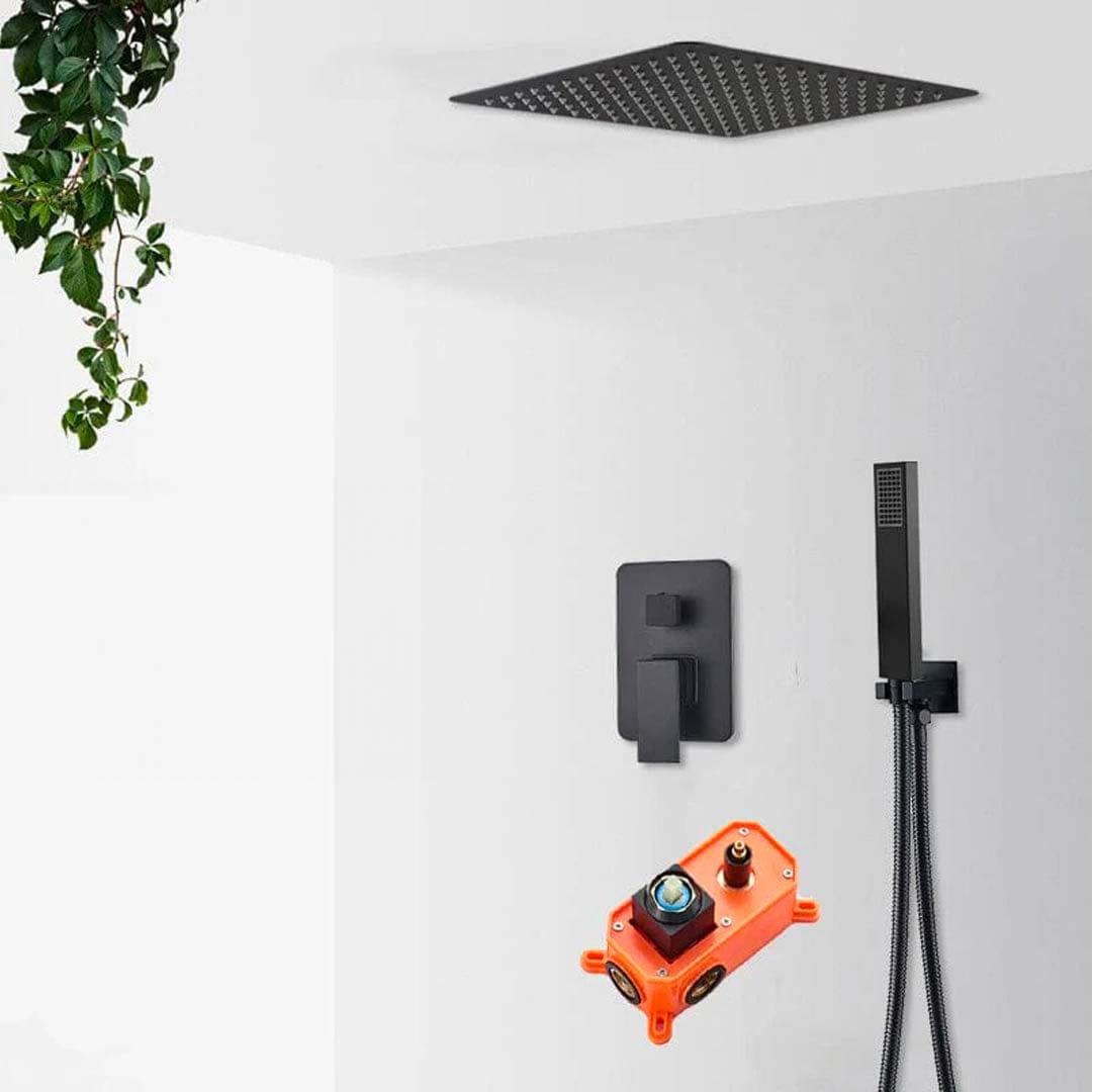 Set de dus negru incastrabil in tavan, cu para patrata 30 cm, 2 functii de curgere a apei