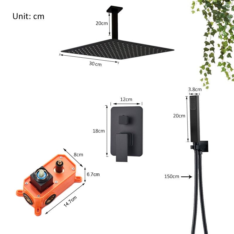 Set de dus negru incastrabil in tavan, cu para patrata 30 cm, 2 functii de curgere a apei