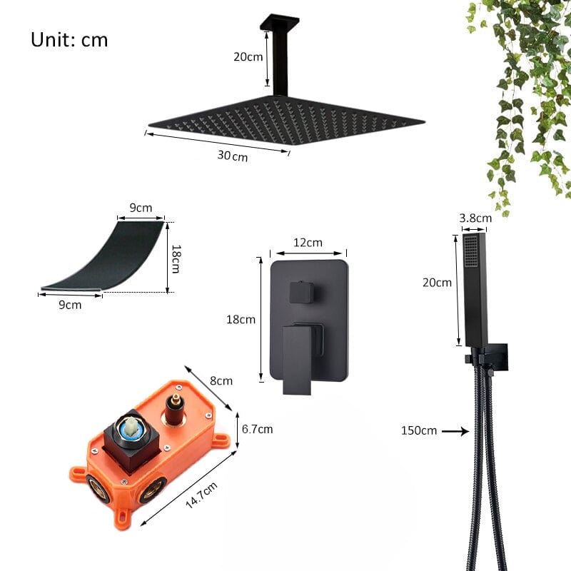 Set de dus negru incastrabil in tavan, cu para patrata 30 cm, 3 functii de curgere a apei
