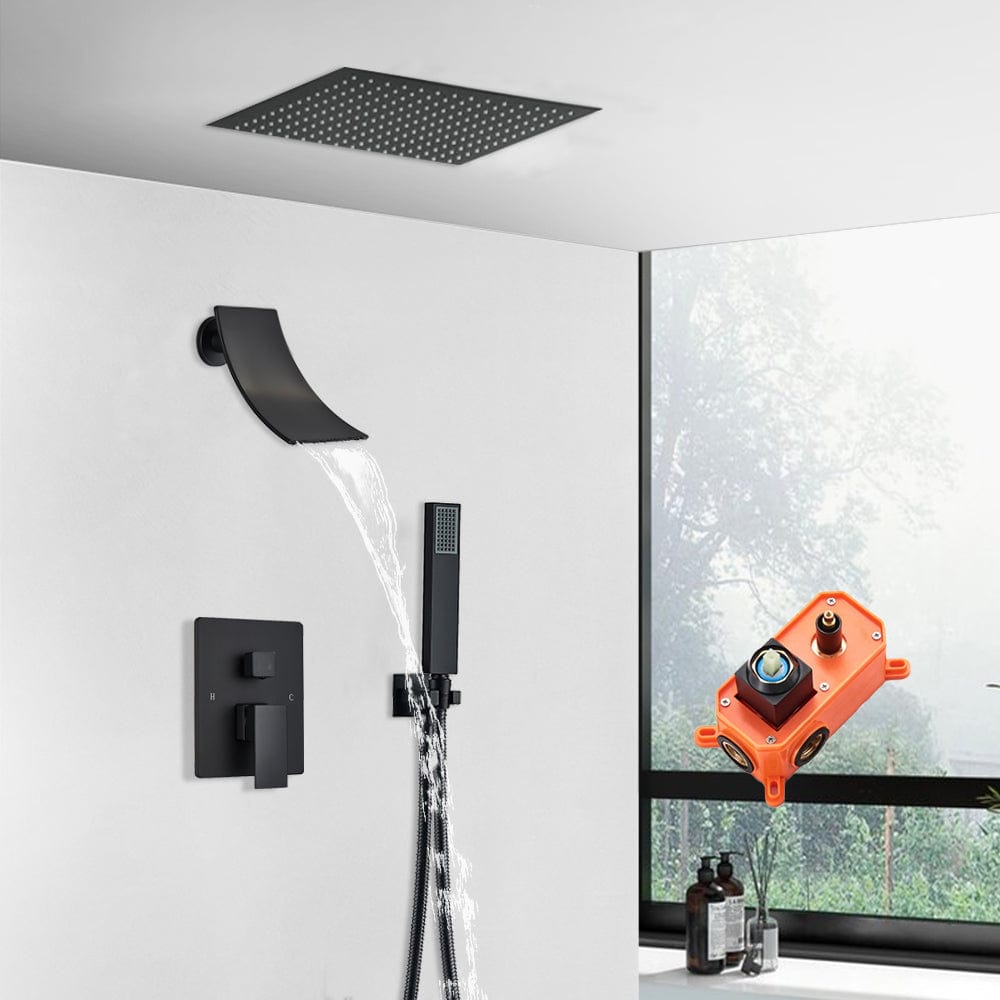 Set de dus negru incastrabil in tavan, cu para patrata 30 cm, 3 functii de curgere a apei