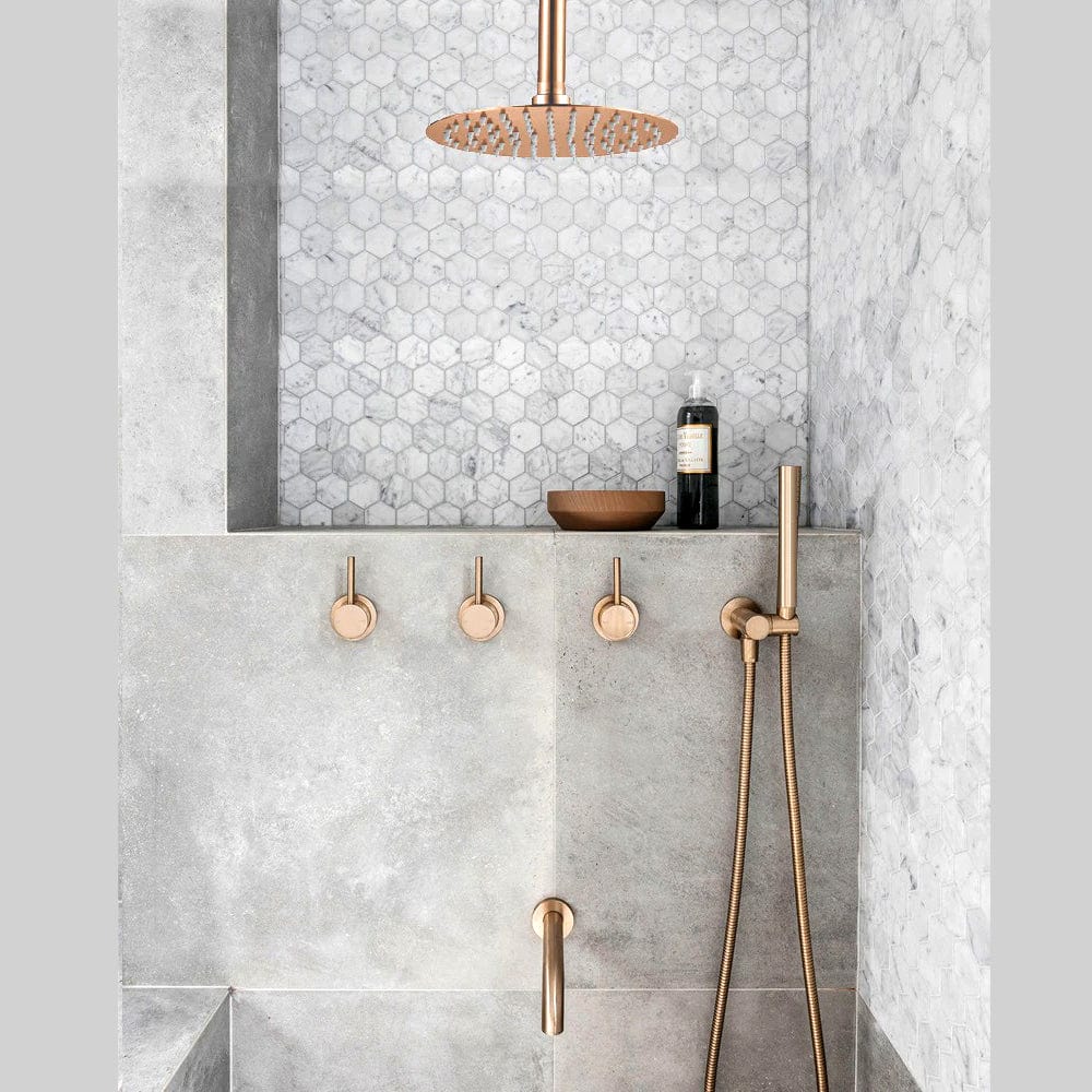 Set de dus Rose Gold cu montaj in tavan, 3 functii de curgere, para rotunda tip ploaie 25 cm