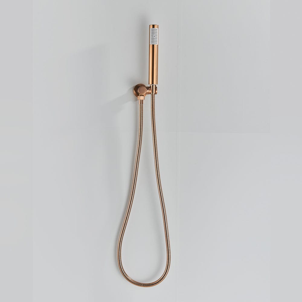 Set de dus Rose Gold cu montaj in tavan, 3 functii de curgere, para rotunda tip ploaie 25 cm