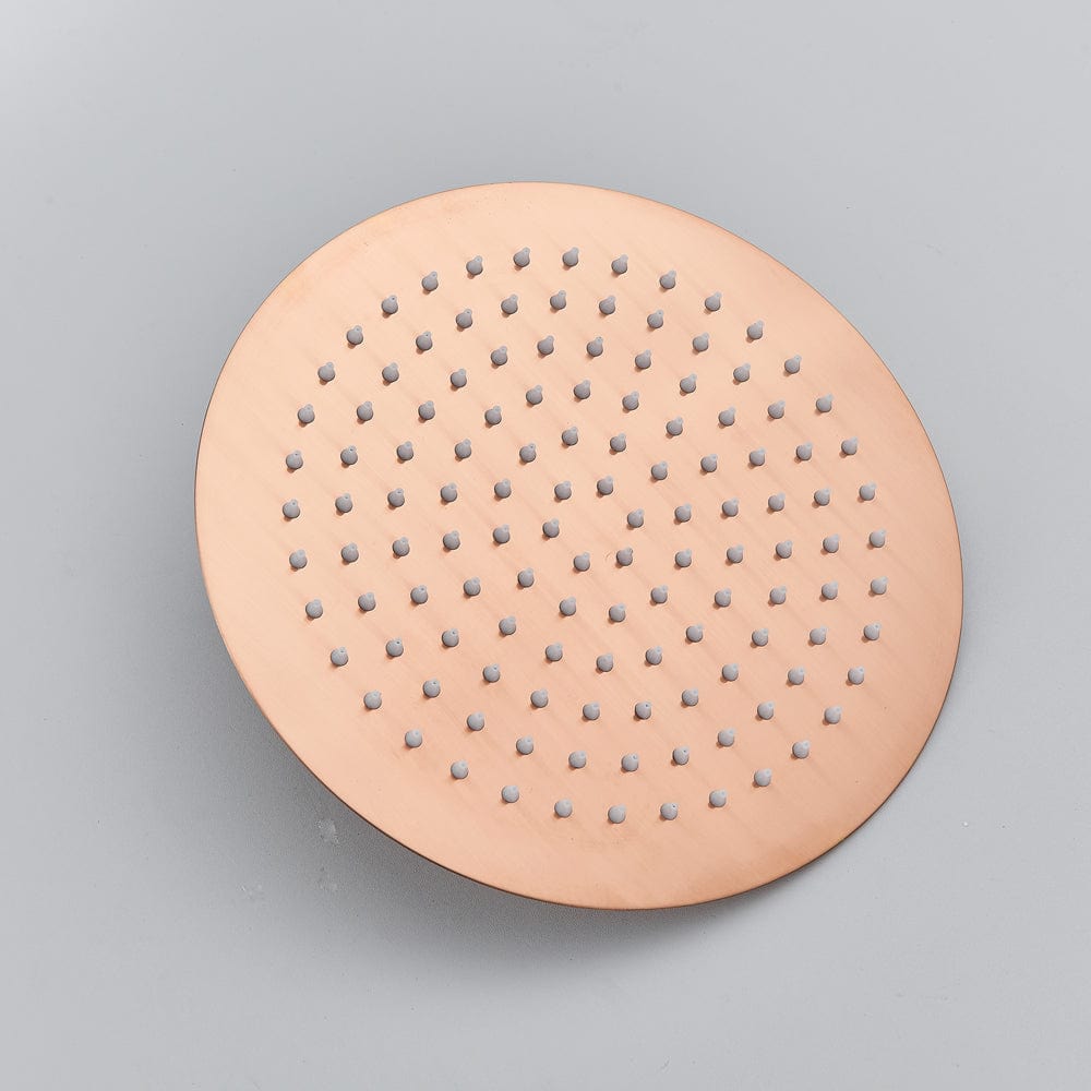 Set de dus Rose Gold cu montaj in tavan, 3 functii de curgere, para rotunda tip ploaie 25 cm