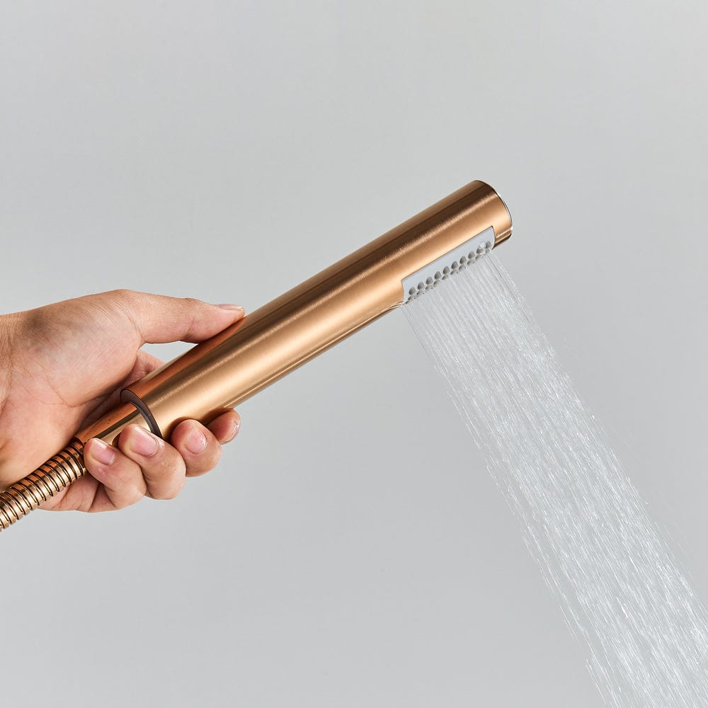 Set de dus Rose Gold cu montaj in tavan, 3 functii de curgere, para rotunda tip ploaie 25 cm