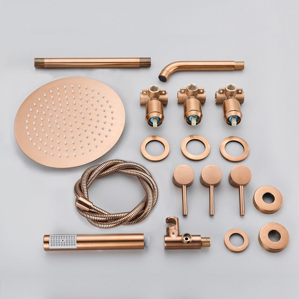 Set de dus Rose Gold cu montaj in tavan, 3 functii de curgere, para rotunda tip ploaie 25 cm