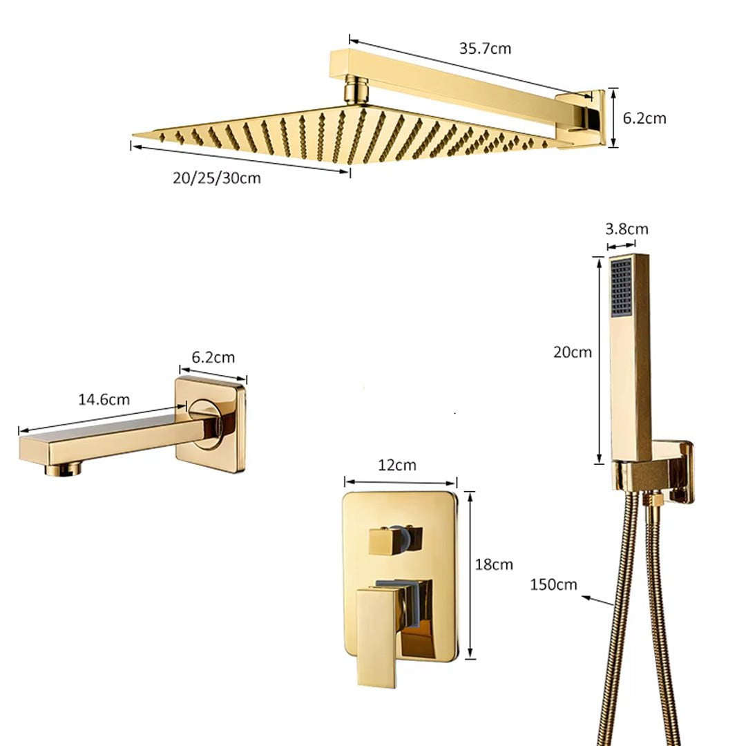 Set de dus tip ploaie, auriu lucios, pară 30 cm, 3 funcții de curgere