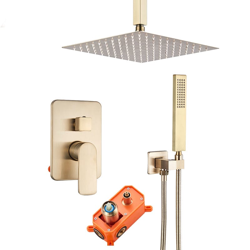 Set de dus tip ploaie, incastrabil in tavan, auriu nichelat (semi-lucios), cu 2 functii de curgere