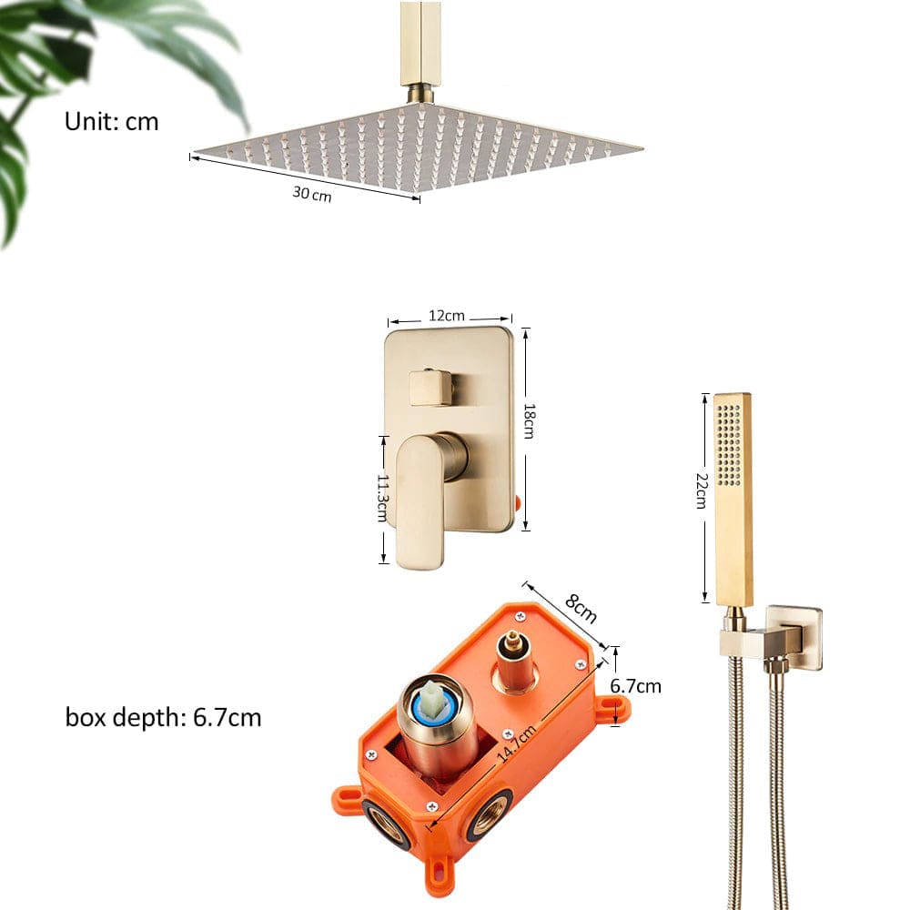 Set de dus tip ploaie, incastrabil in tavan, auriu nichelat (semi-lucios), cu 2 functii de curgere