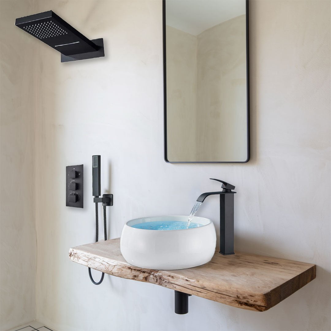Set dus cu para tip cascada cu termostat, negru mat, cu 3 functii + Baterie lavoar Milly1509