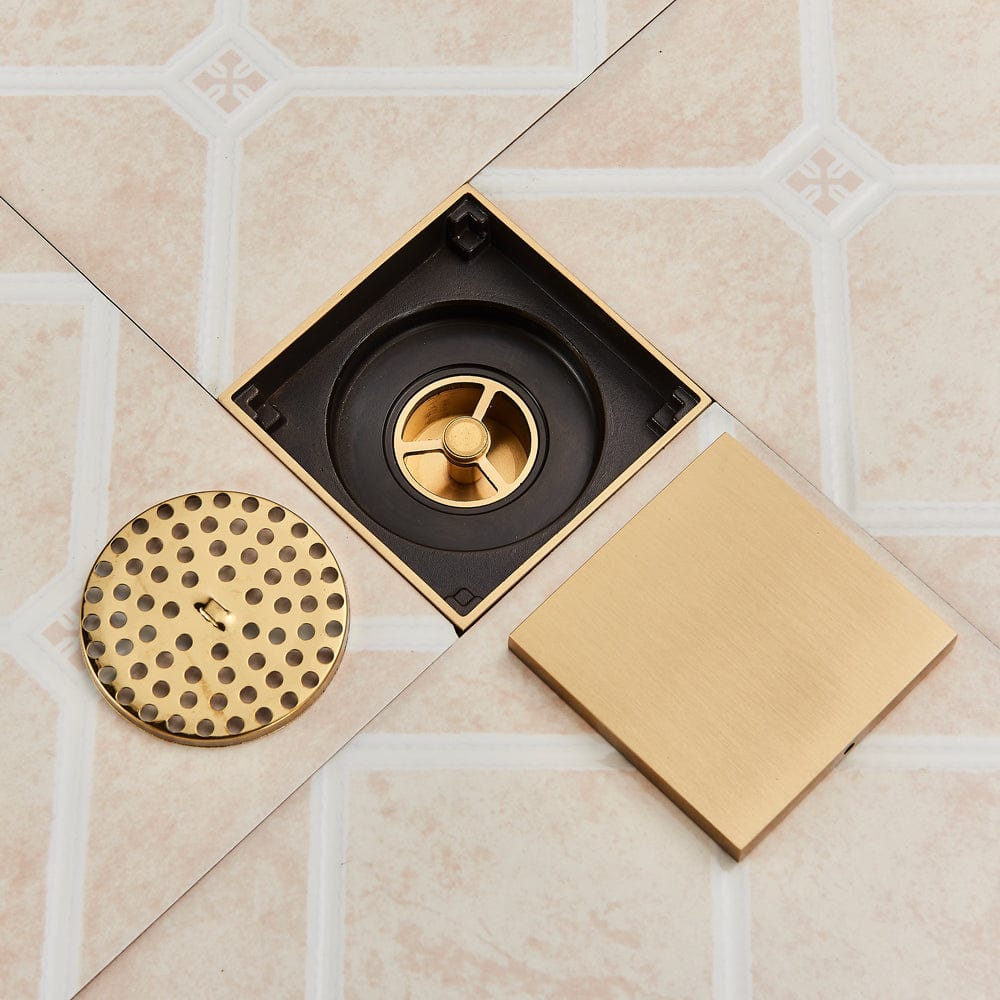 Sifon de pardoseala antimiros, cu iesire verticala, diametru ramă 100 mm, diametru scurgere 38 mm, doua fețe suport fixare placa gresie, auriu nichelat