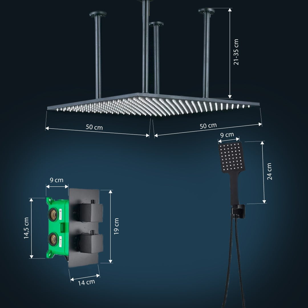 Sistem de dus Rainfall, incastrat in tavan cu termostat, para patrata 50 cm, 2 functii de curgere, negru mat