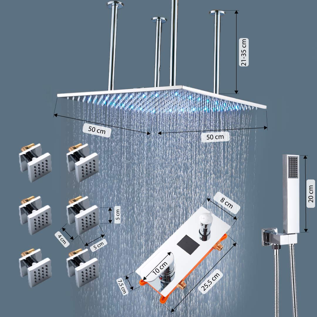 Sistem de dus Rainjoy, cromat, incastrat in tavan, para patrata 50 cm, functie led, culoare dinamica, in functie de temperatura apei, hidromasaj