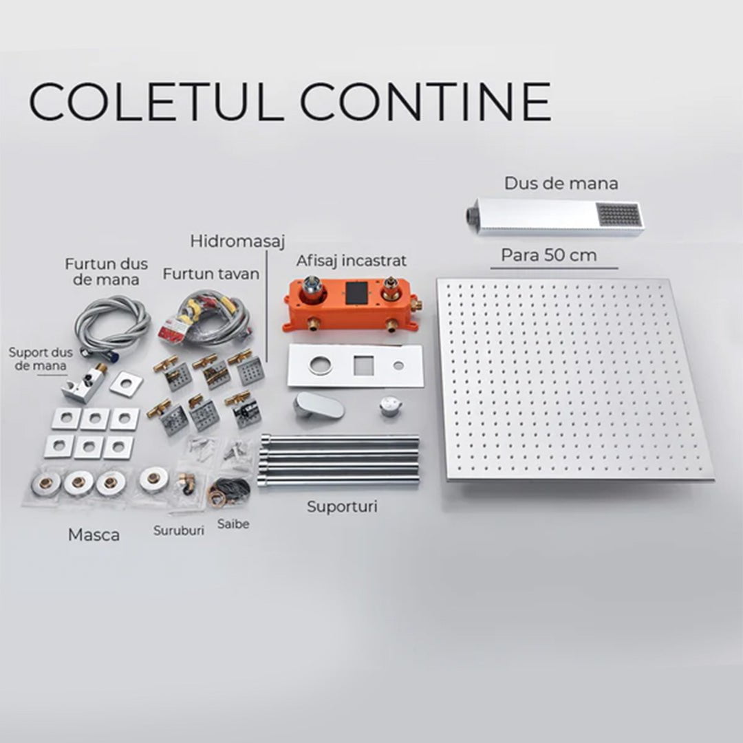 Sistem de dus Rainjoy, cromat, incastrat in tavan, para patrata 50 cm, functie led, culoare dinamica, in functie de temperatura apei, hidromasaj