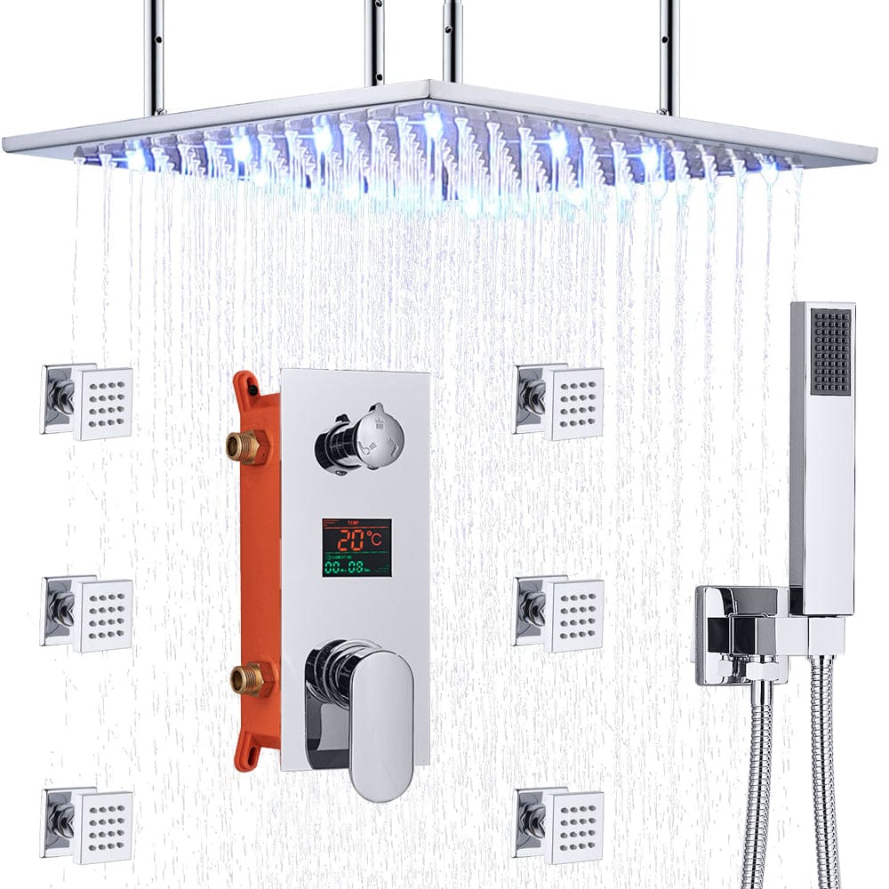 Sistem de dus Rainjoy, cromat, incastrat in tavan, para patrata 50 cm, functie led, culoare dinamica, in functie de temperatura apei, hidromasaj