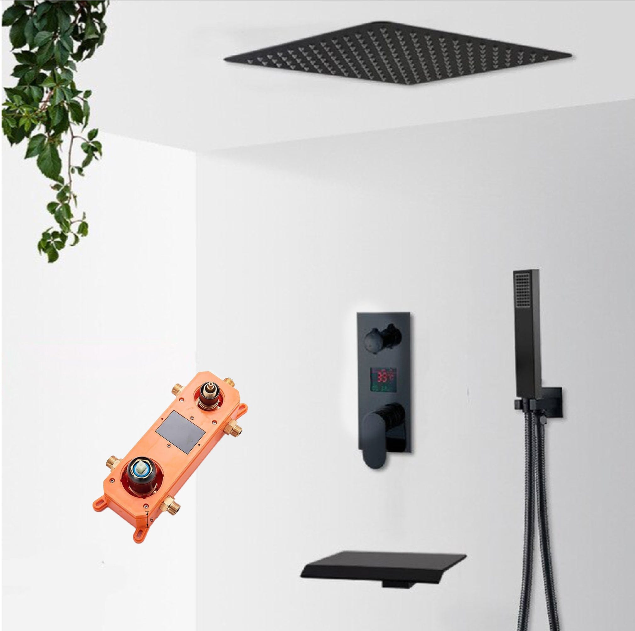 Sistem de dus Waterfall, incastrat in tavan, para patrata 40 cm, 3 functii de curgere, negru mat