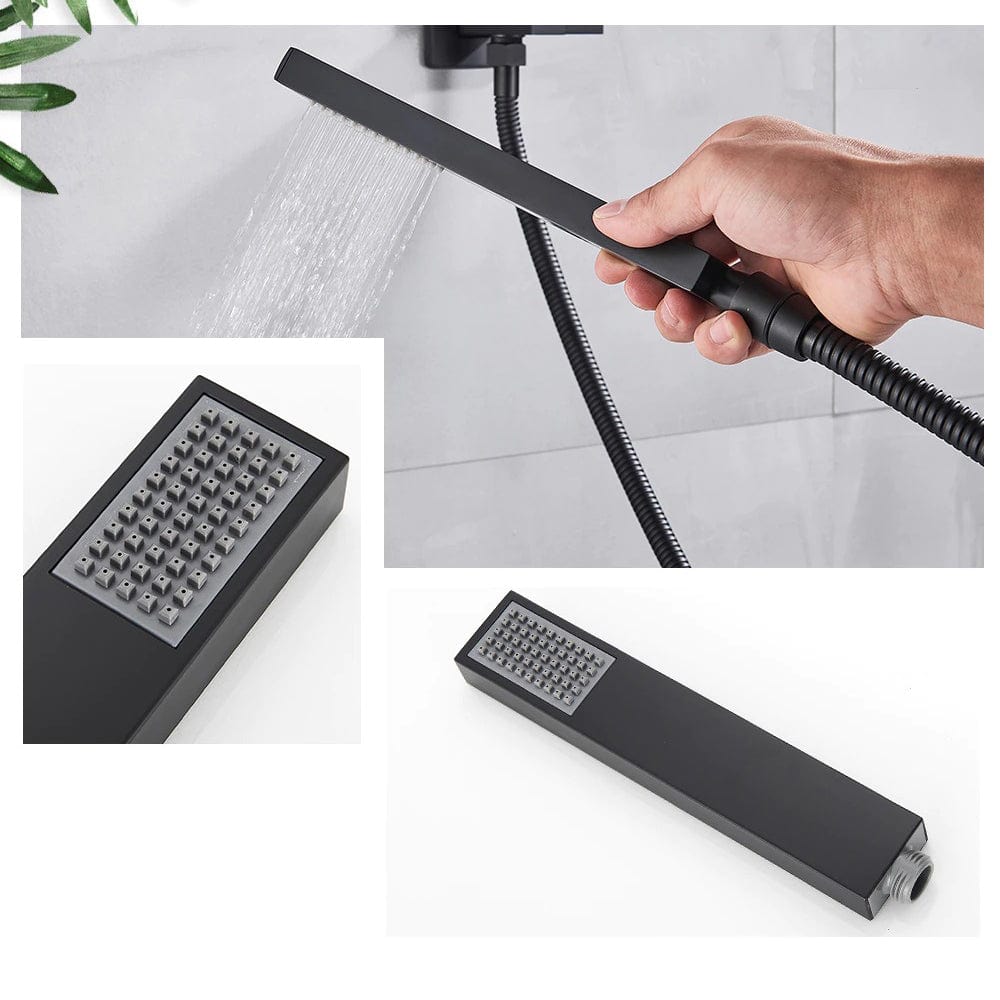 Sistem de dus Waterfall, incastrat in tavan, para patrata 40 cm, 3 functii de curgere, negru mat