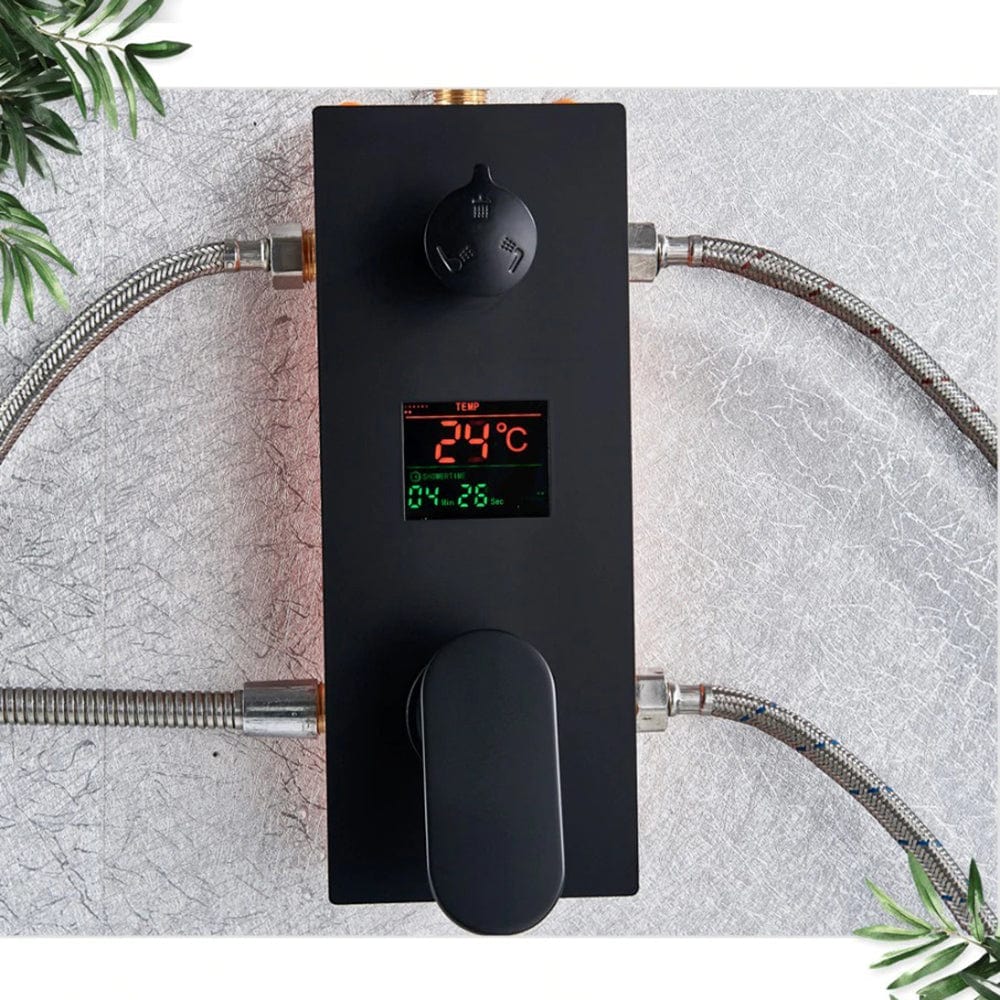 Sistem de dus Waterfall, incastrat in tavan, para patrata 40 cm, 3 functii de curgere, negru mat