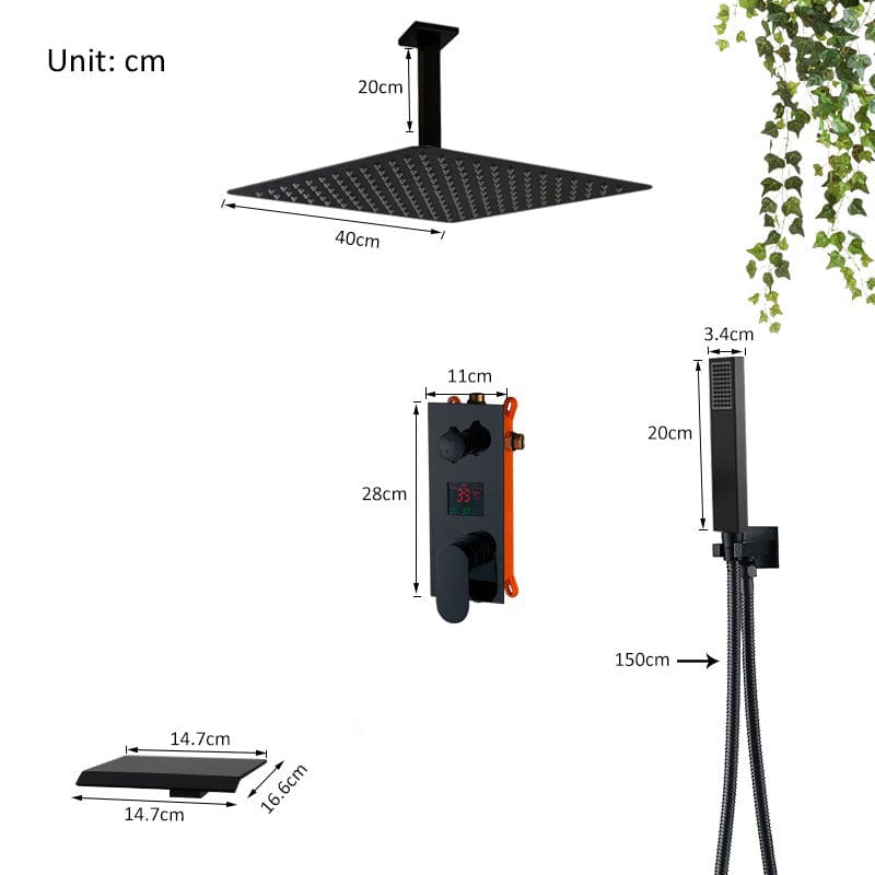 Sistem de dus Waterfall, incastrat in tavan, para patrata 40 cm, 3 functii de curgere, negru mat
