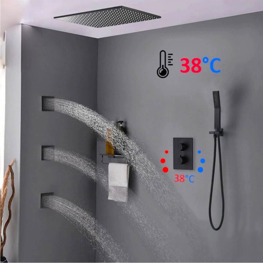 Sistem dus incastrat in tavan cu termostat, para patrata 50 cm, negru mat, 3 functii de curgere a apei si hidromasaj