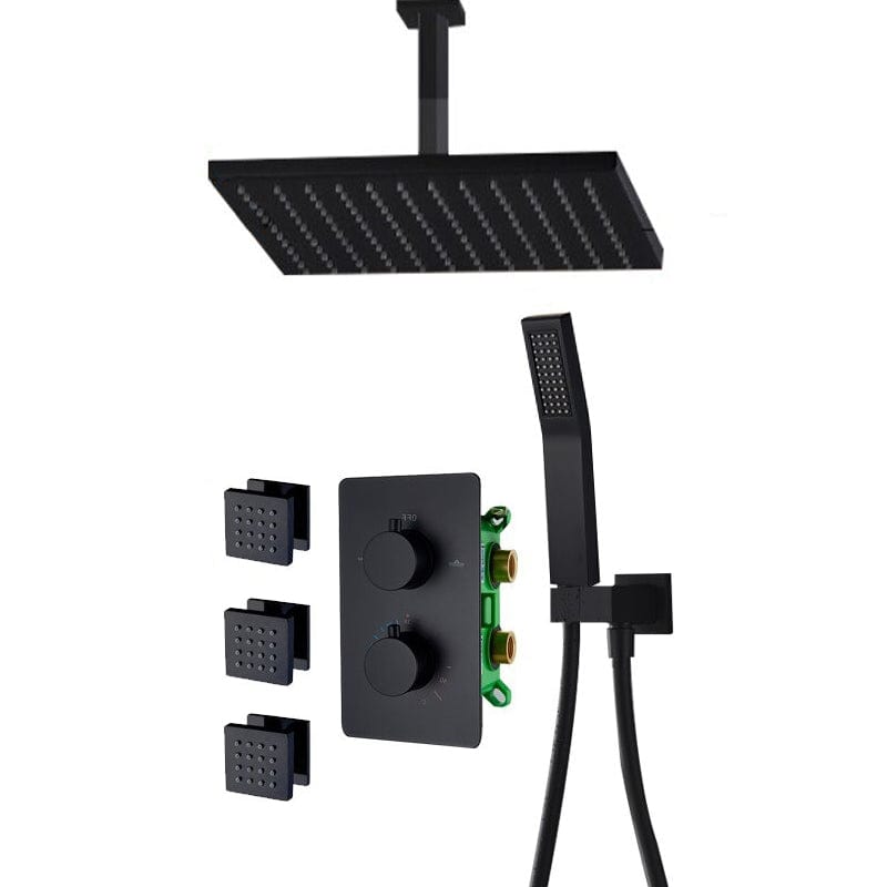 Sistem dus incastrat in tavan cu termostat, para patrata 50 cm, negru mat, 3 functii de curgere a apei si hidromasaj