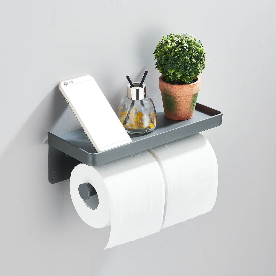 Suport dublu pentru hartie igienica cu raft, gri mat