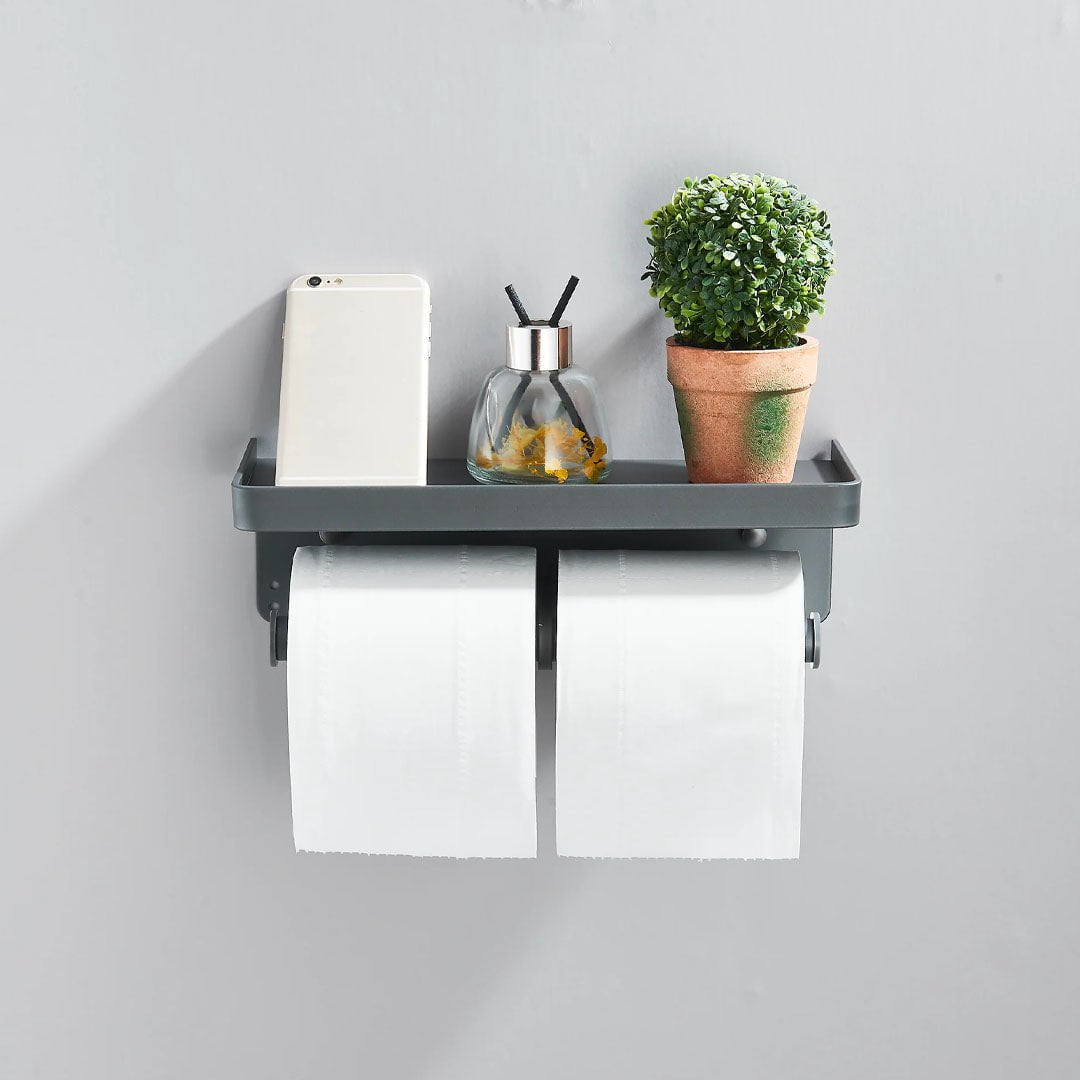 Suport dublu pentru hartie igienica cu raft, gri mat