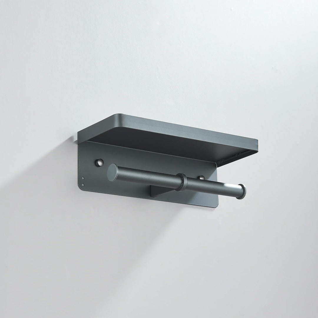 Suport dublu pentru hartie igienica cu raft, gri mat