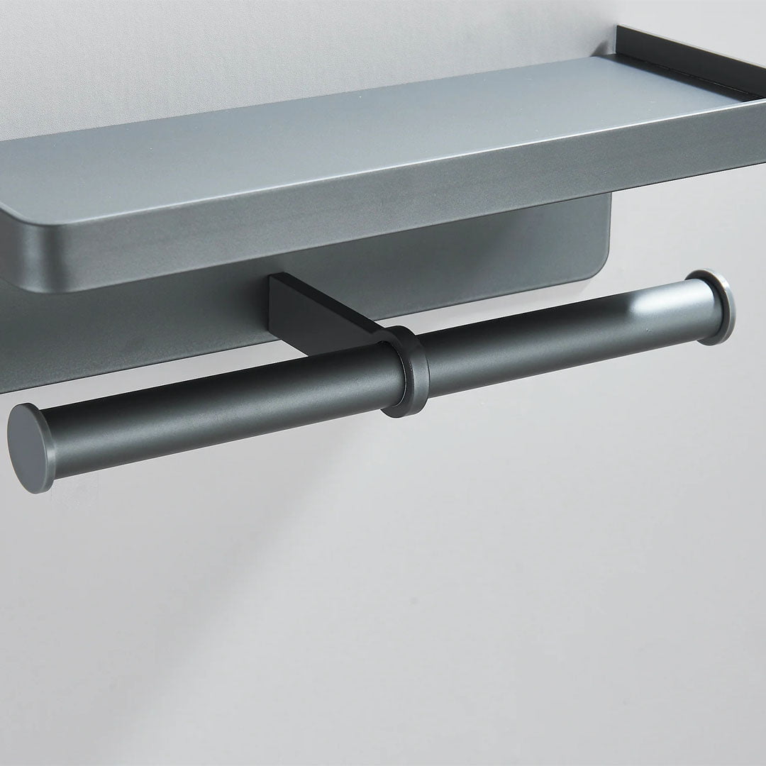 Suport dublu pentru hartie igienica cu raft, gri mat