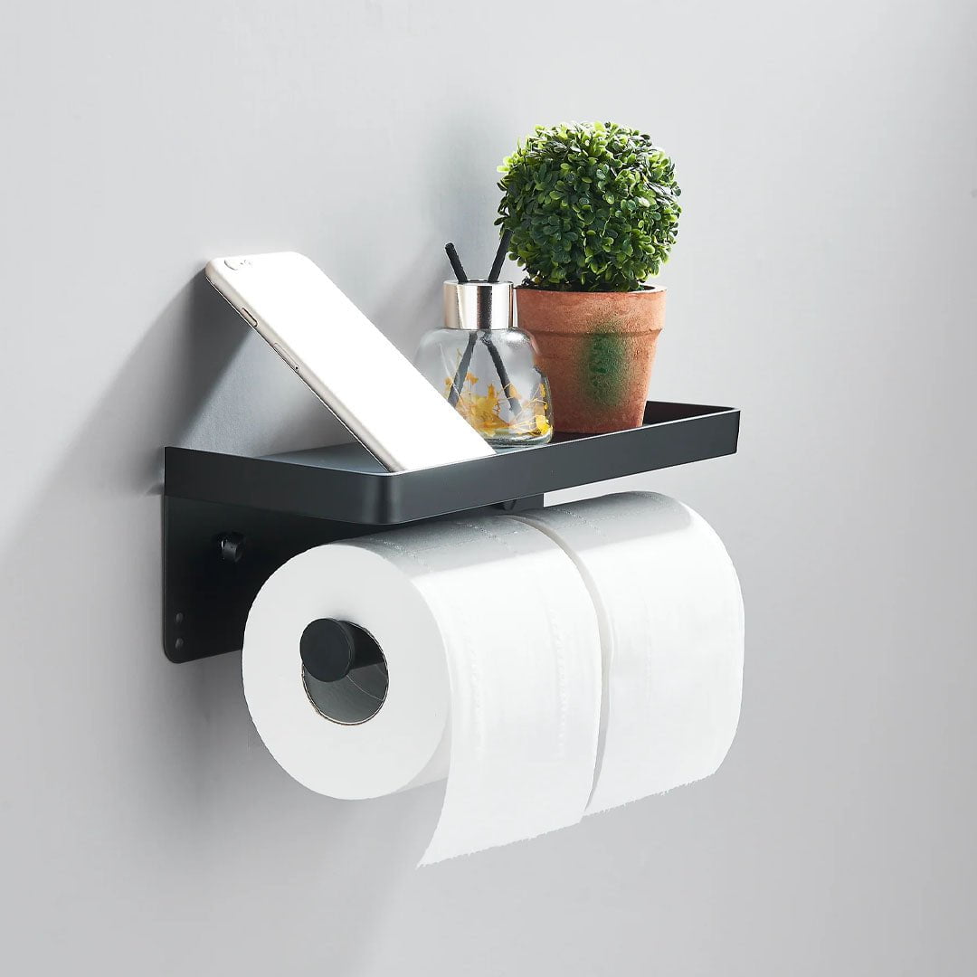 Suport dublu pentru hartie igienica cu raft, negru mat