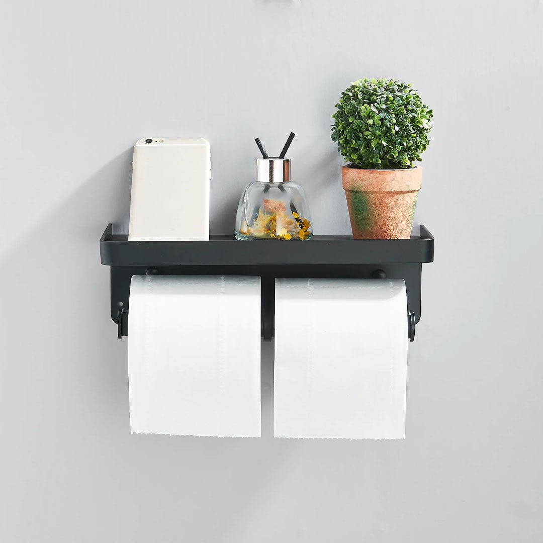 Suport dublu pentru hartie igienica cu raft, negru mat
